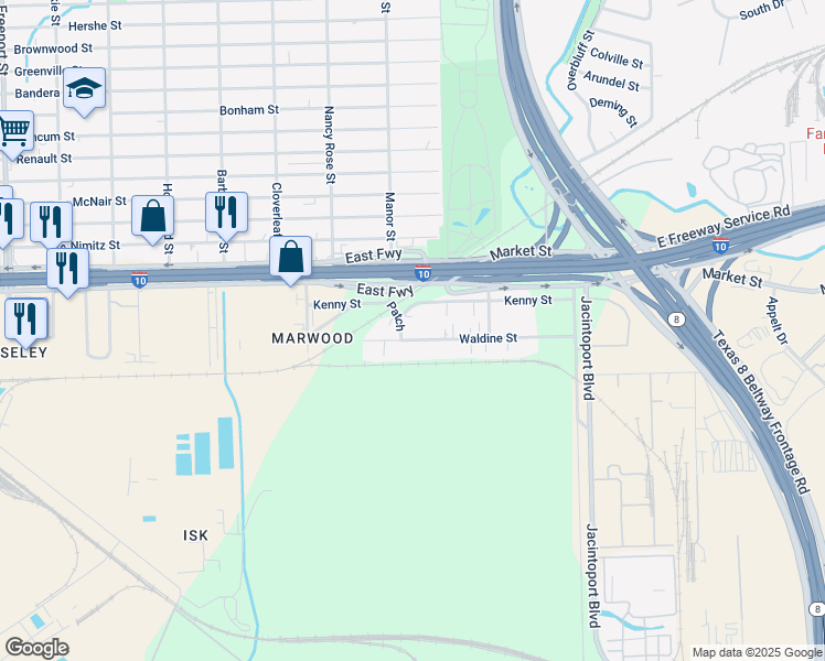 map of restaurants, bars, coffee shops, grocery stores, and more near 14621 Waldine Street in Houston