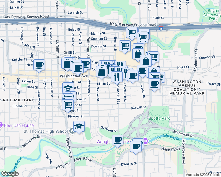 map of restaurants, bars, coffee shops, grocery stores, and more near 816 Olive Street in Houston