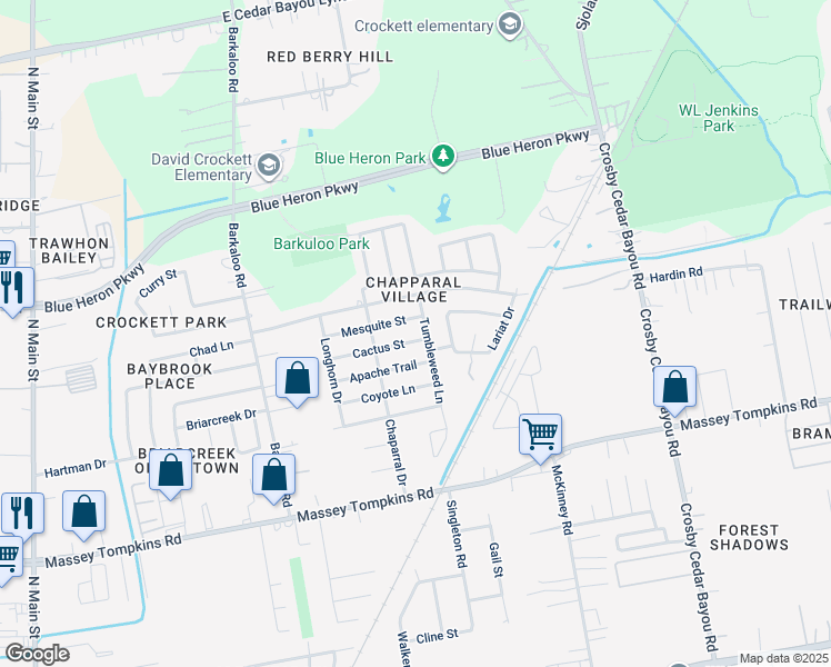 map of restaurants, bars, coffee shops, grocery stores, and more near 1309 Mesquite Street in Baytown