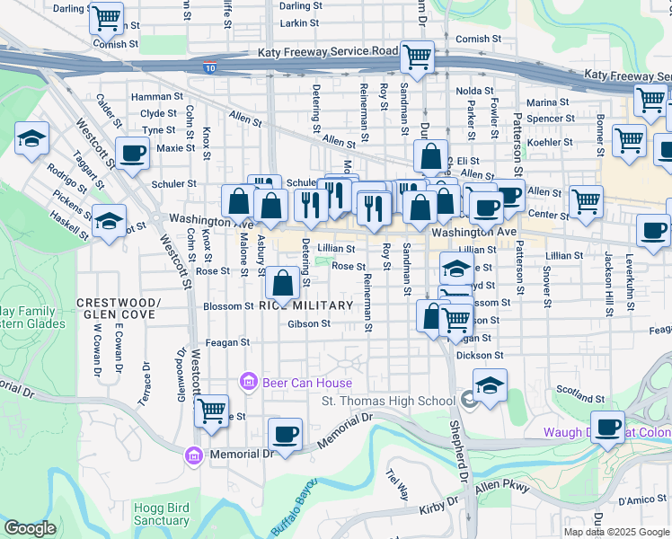 map of restaurants, bars, coffee shops, grocery stores, and more near 5225 Rose Street in Houston