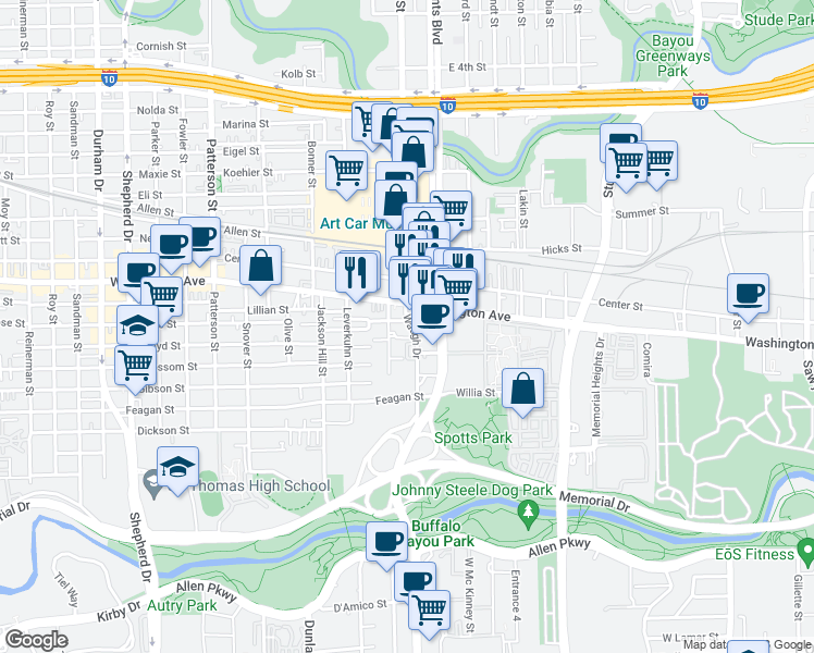 map of restaurants, bars, coffee shops, grocery stores, and more near 20 Waugh Drive in Houston