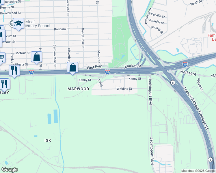 map of restaurants, bars, coffee shops, grocery stores, and more near 14621 Waldine Street in Houston