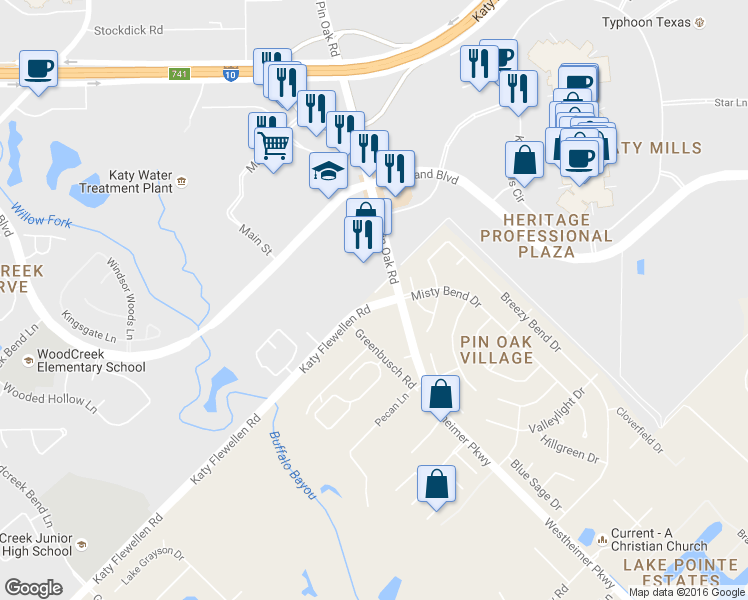 map of restaurants, bars, coffee shops, grocery stores, and more near 1350 Katy Flewellen Road in Katy