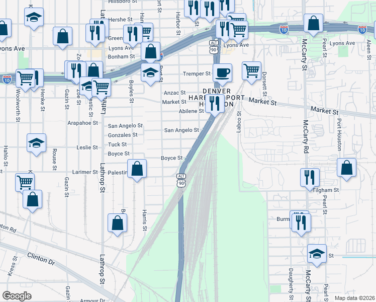 map of restaurants, bars, coffee shops, grocery stores, and more near 7414 Tuck Street in Houston