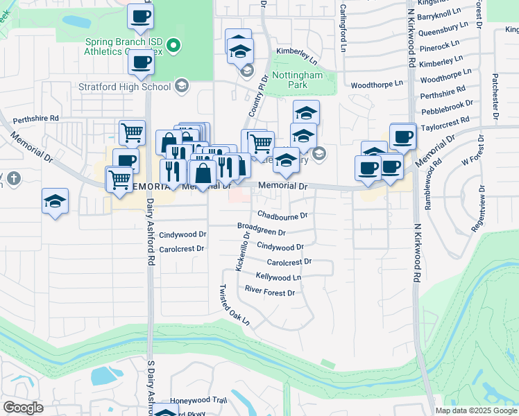 map of restaurants, bars, coffee shops, grocery stores, and more near 14358 Chadbourne Drive in Houston