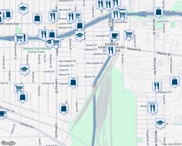 map of restaurants, bars, coffee shops, grocery stores, and more near 7324 Tuck Street in Houston