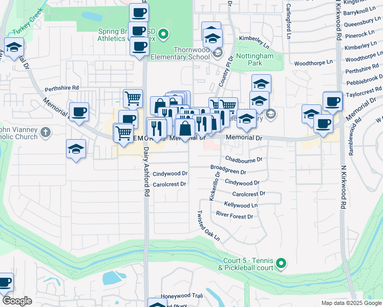 map of restaurants, bars, coffee shops, grocery stores, and more near 618 Winter Oaks Drive in Houston