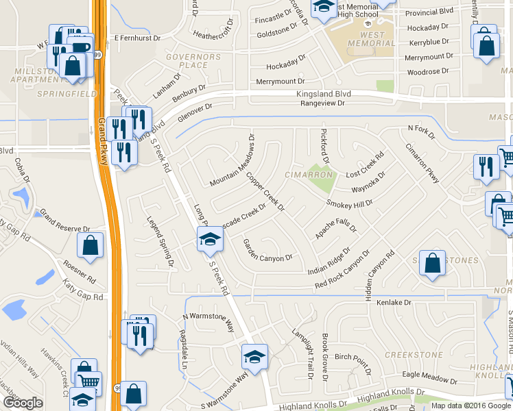 map of restaurants, bars, coffee shops, grocery stores, and more near 1022 Cascade Creek Dr in Katy