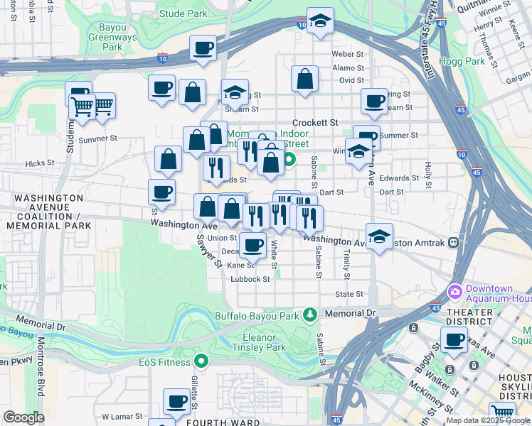 map of restaurants, bars, coffee shops, grocery stores, and more near 2016 Center Street in Houston