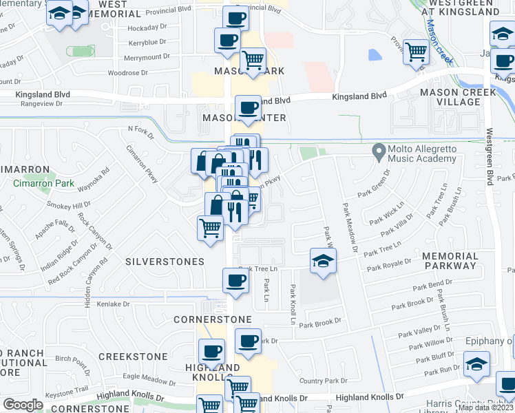 map of restaurants, bars, coffee shops, grocery stores, and more near 917 Mason Road in Katy