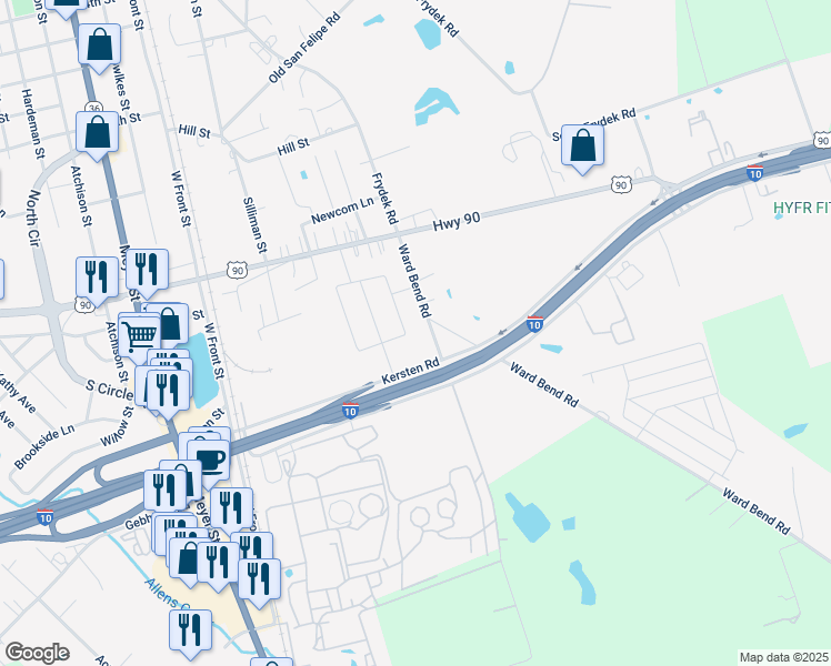 map of restaurants, bars, coffee shops, grocery stores, and more near 1412 Bob White Trail in Sealy
