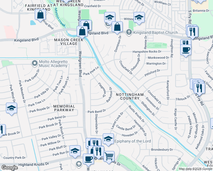 map of restaurants, bars, coffee shops, grocery stores, and more near 1042 Barkston Drive in Katy