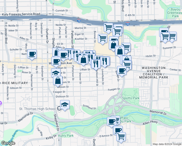map of restaurants, bars, coffee shops, grocery stores, and more near 816 Olive Street in Houston