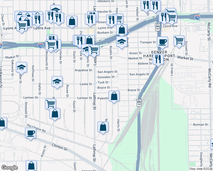 map of restaurants, bars, coffee shops, grocery stores, and more near 7009 Boyce Street in Houston