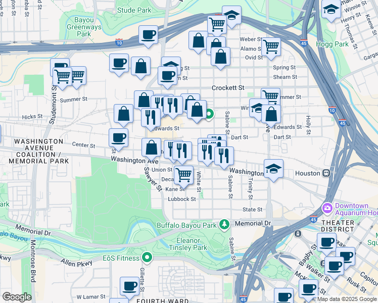 map of restaurants, bars, coffee shops, grocery stores, and more near 2016 Center Street in Houston