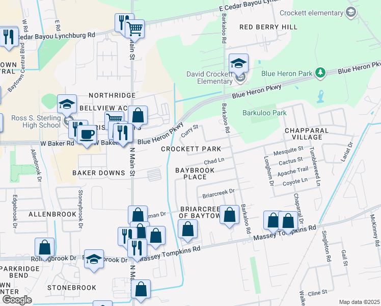 map of restaurants, bars, coffee shops, grocery stores, and more near 4202 Cinnamon Street in Baytown