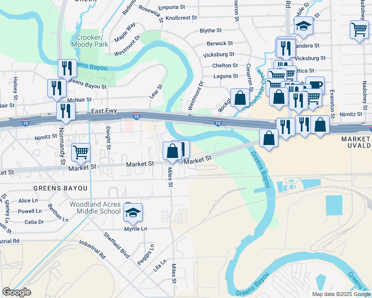 map of restaurants, bars, coffee shops, grocery stores, and more near 13029 Market Street in Houston
