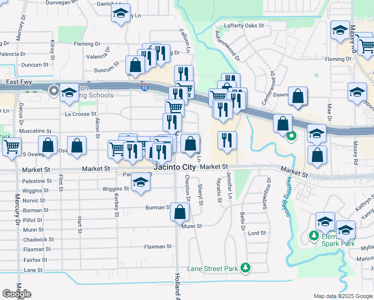 map of restaurants, bars, coffee shops, grocery stores, and more near 11105 Oswego Street in Houston