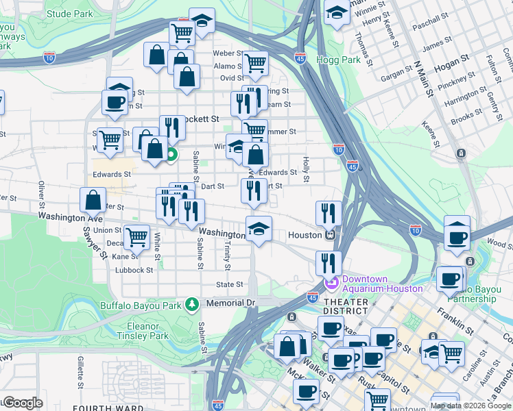 map of restaurants, bars, coffee shops, grocery stores, and more near 1206 Hickory Street in Houston