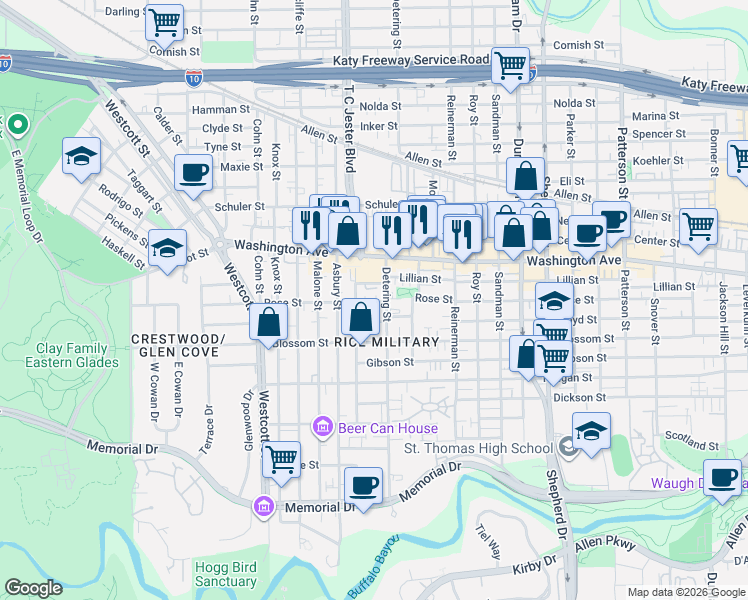 map of restaurants, bars, coffee shops, grocery stores, and more near 5400 Rose Street in Houston