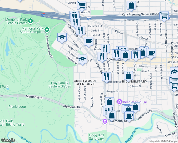 map of restaurants, bars, coffee shops, grocery stores, and more near 6038 Rose Street in Houston