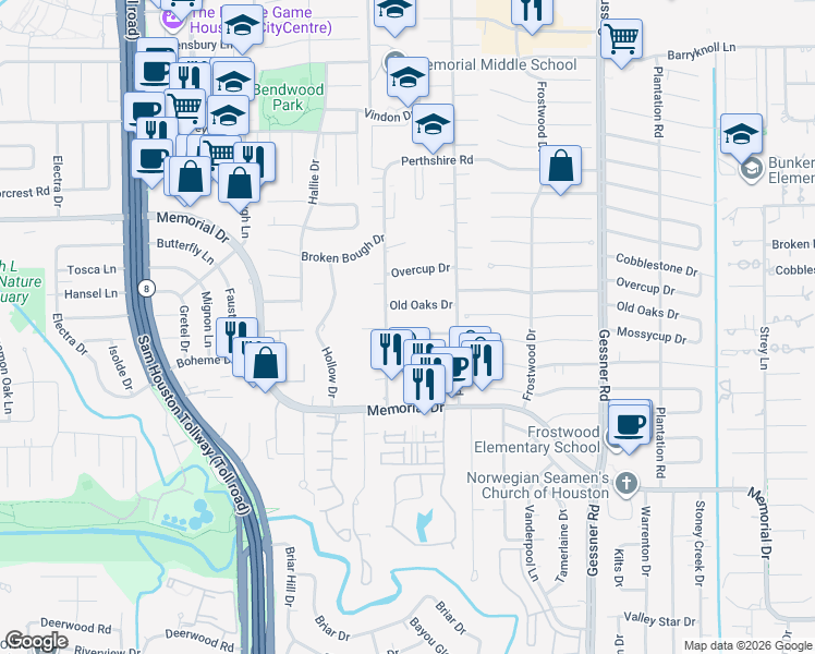 map of restaurants, bars, coffee shops, grocery stores, and more near 12518 Mossycup Drive in Houston