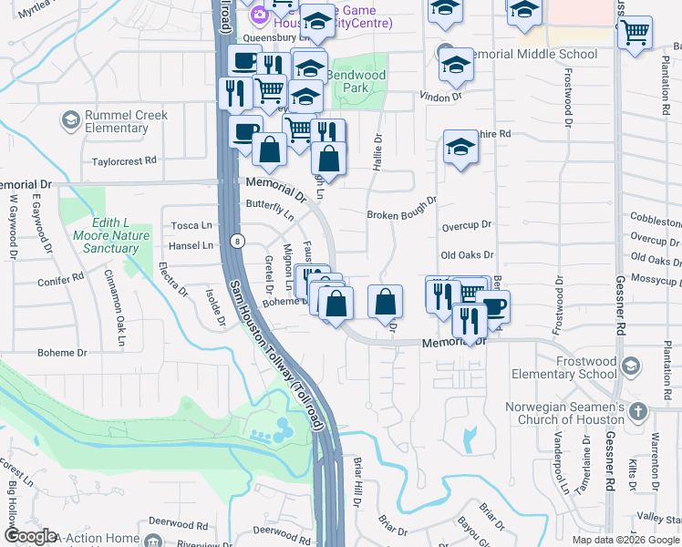 map of restaurants, bars, coffee shops, grocery stores, and more near 12743 Huntingwick Drive in Houston