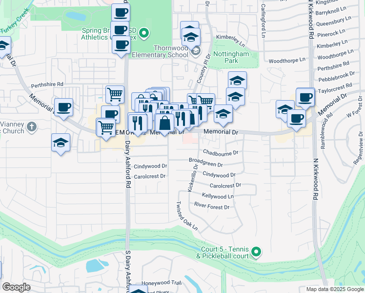 map of restaurants, bars, coffee shops, grocery stores, and more near 14414 Chadbourne Drive in Houston