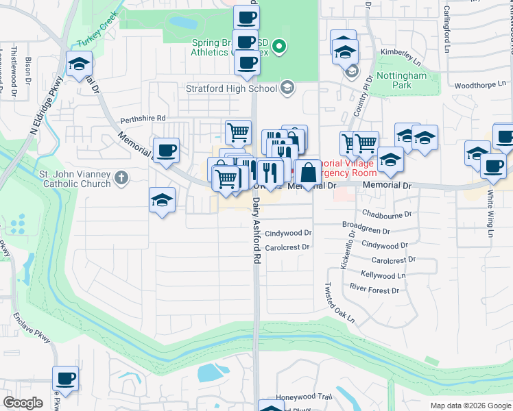 map of restaurants, bars, coffee shops, grocery stores, and more near Chadbourne Drive in Houston
