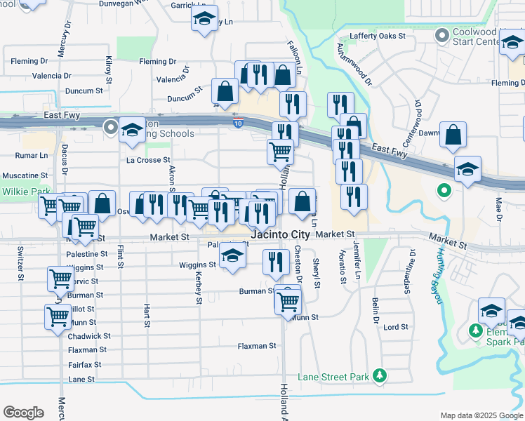 map of restaurants, bars, coffee shops, grocery stores, and more near 11009 Oswego Street in Jacinto City