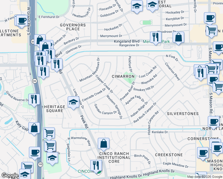 map of restaurants, bars, coffee shops, grocery stores, and more near 926 Cheyenne Meadows Drive in Katy