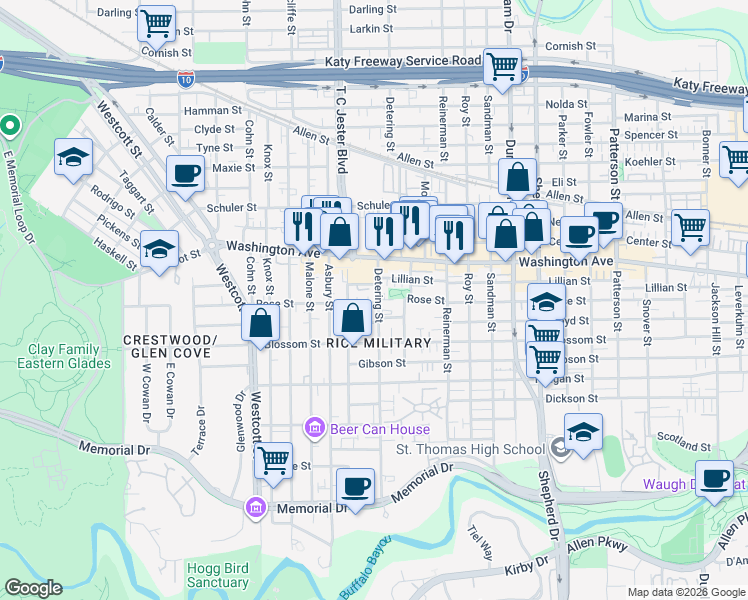 map of restaurants, bars, coffee shops, grocery stores, and more near 5400 Rose Street in Houston
