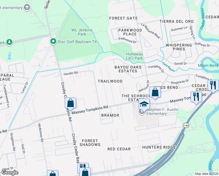 map of restaurants, bars, coffee shops, grocery stores, and more near 3709 Trailwood Drive in Baytown