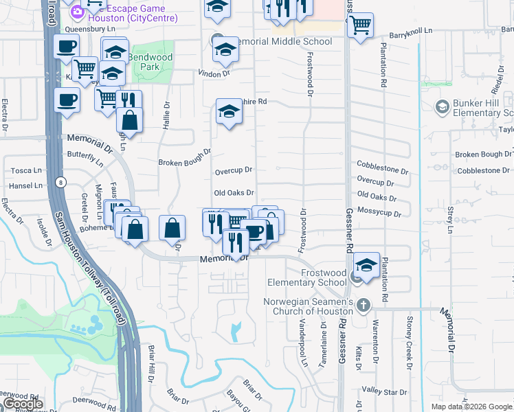 map of restaurants, bars, coffee shops, grocery stores, and more near 408 Benignus Rd in Houston