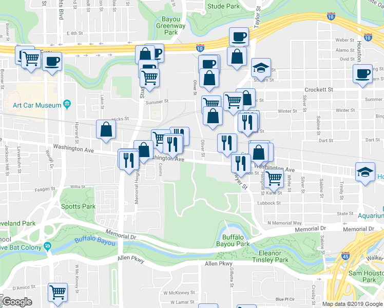 map of restaurants, bars, coffee shops, grocery stores, and more near 2526 Washington Avenue in Houston