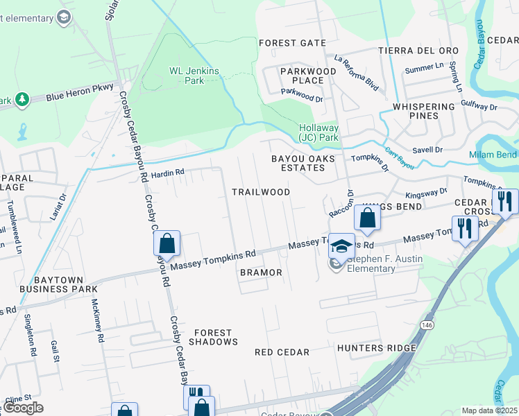 map of restaurants, bars, coffee shops, grocery stores, and more near 3709 Trailwood Drive in Baytown