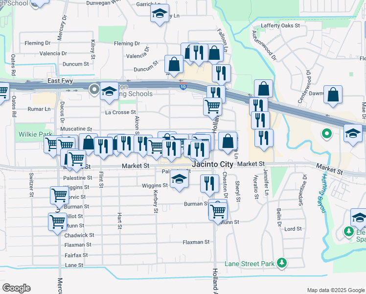 map of restaurants, bars, coffee shops, grocery stores, and more near 10921 Oswego Street in Houston