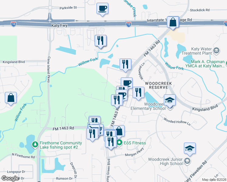map of restaurants, bars, coffee shops, grocery stores, and more near 1322 Farm to Market 1463 in Katy