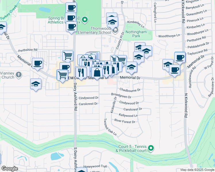 map of restaurants, bars, coffee shops, grocery stores, and more near 14414 Chadbourne Drive in Houston