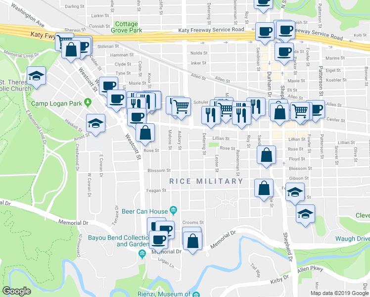 map of restaurants, bars, coffee shops, grocery stores, and more near 5510 Rose St in Houston