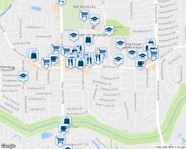 map of restaurants, bars, coffee shops, grocery stores, and more near 14414 Chadbourne Drive in Houston