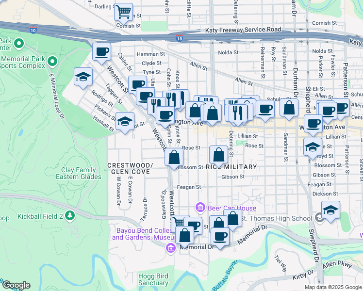 map of restaurants, bars, coffee shops, grocery stores, and more near 806 Knox Street in Houston