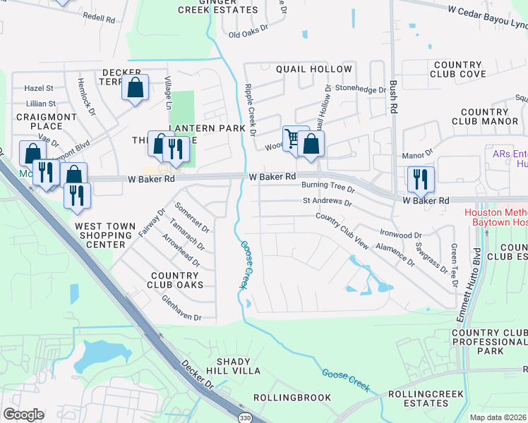 map of restaurants, bars, coffee shops, grocery stores, and more near 4816 Country Club View in Baytown