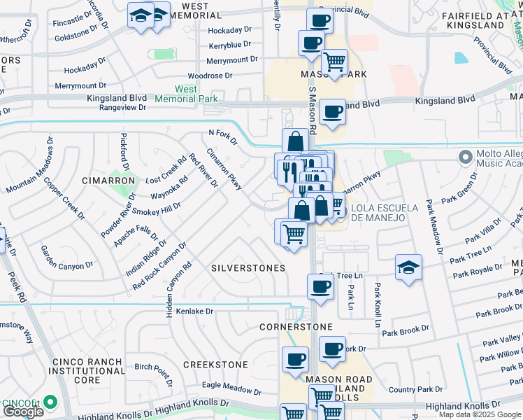 map of restaurants, bars, coffee shops, grocery stores, and more near 22023 Cimarron Parkway in Katy