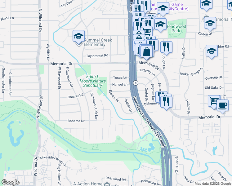 map of restaurants, bars, coffee shops, grocery stores, and more near 12931 Traviata Drive in Houston