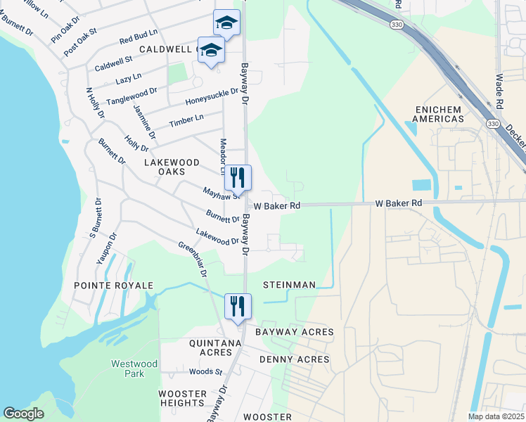 map of restaurants, bars, coffee shops, grocery stores, and more near 6001 West Baker Road in Baytown