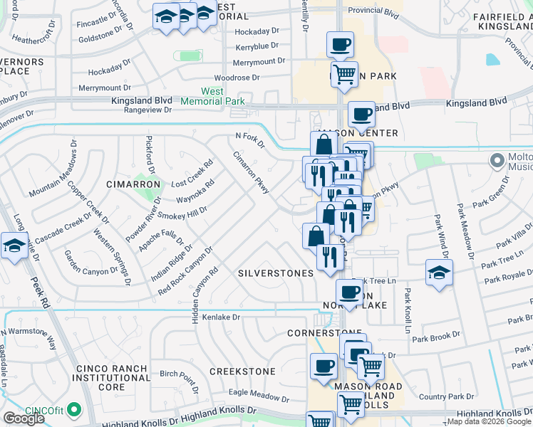 map of restaurants, bars, coffee shops, grocery stores, and more near 805 Hidden Canyon Road in Katy