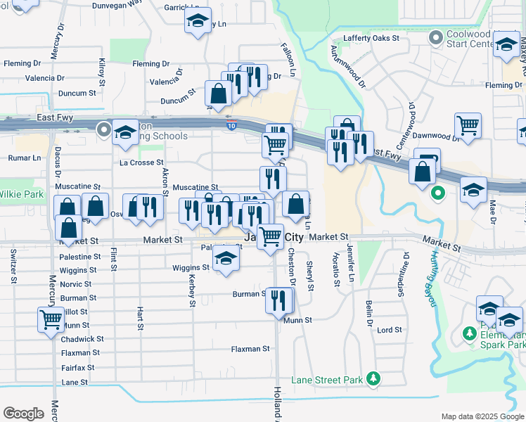 map of restaurants, bars, coffee shops, grocery stores, and more near 11009 Oswego Street in Jacinto City