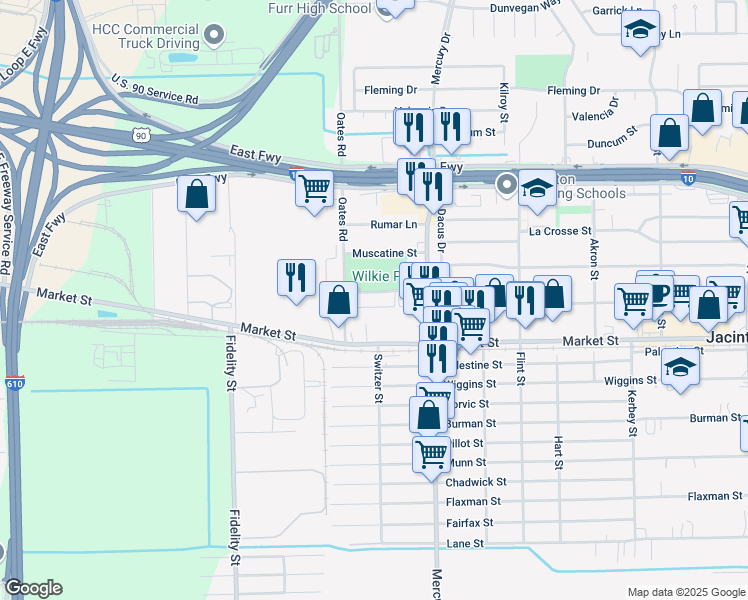 map of restaurants, bars, coffee shops, grocery stores, and more near 10202 Challenger 7 Drive in Jacinto City