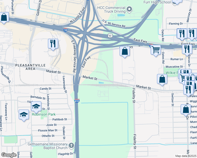 map of restaurants, bars, coffee shops, grocery stores, and more near 9220 Market Street Rd in Houston